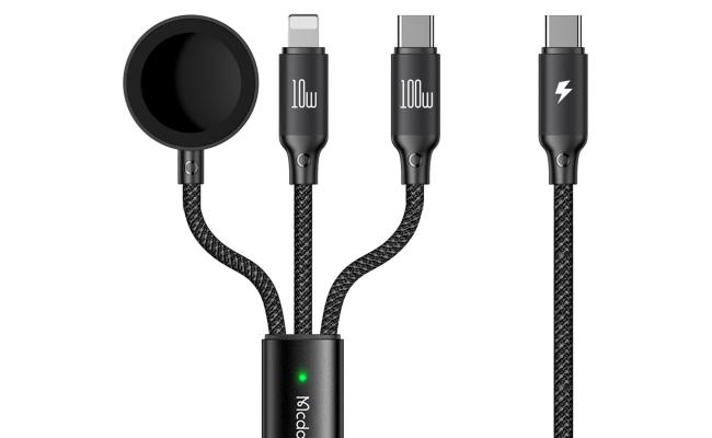 Mcdodo CA-4940 3 in 1 Charging Cable USB Type-C to Type-C + Lighting Series PD + Apple Watch Wireless Charger, 1.2m - Black